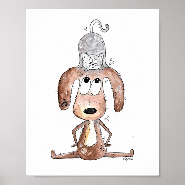 Cute Whimsical Dog with Cat on His Head Poster (Front)
