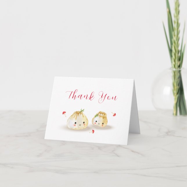 Cute Whimsical Dumpling Mushroom Twin Baby Shower  Thank You Card (Front)