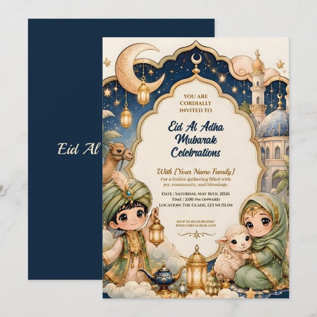 Cute Whimsical Eid Al Adha Chibi Mubarak Invitation (Front/Back)
