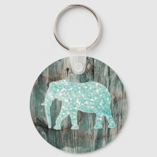 Cute Whimsical Elephant on Wood Design Key Ring