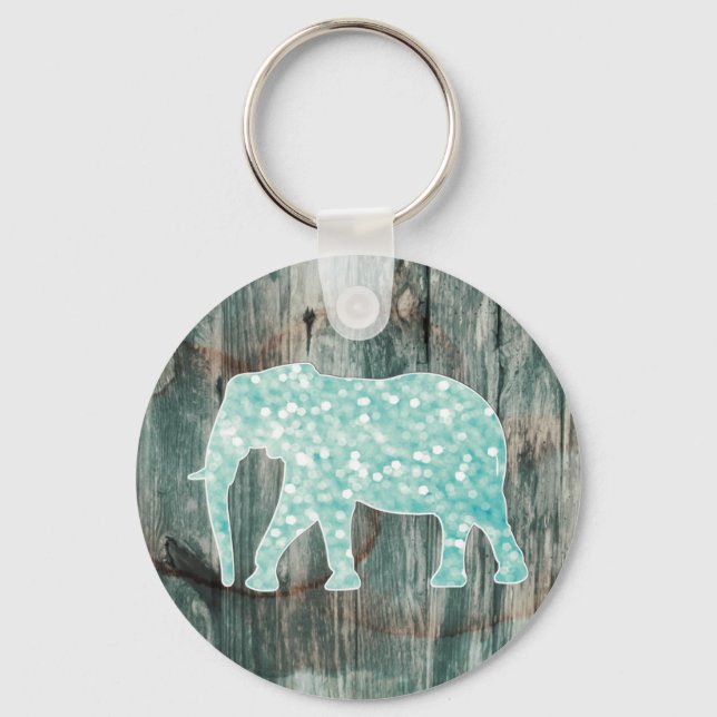 Cute Whimsical Elephant on Wood Design Key Ring (Front)