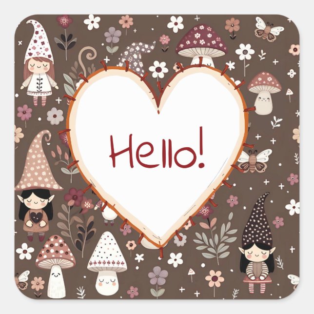 Cute Whimsical Fair Gnomes and Mushrooms Hello  Square Sticker (Front)