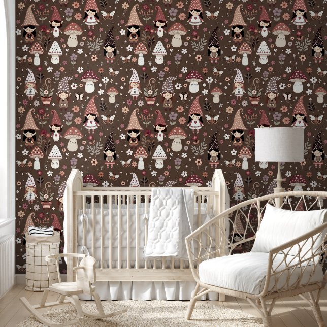 Cute Whimsical Fair Gnomes and Mushrooms  Wallpaper (Kids)