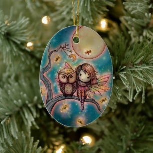 Cute Whimsical Fairy with Owl and Fireflies Ceramic Ornament