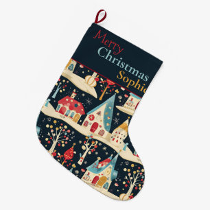 Cute Whimsical Festive Christmas Village Custom Large Christmas Stocking