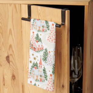 Cute Whimsical Festive Christmas Village Pattern Tea Towel