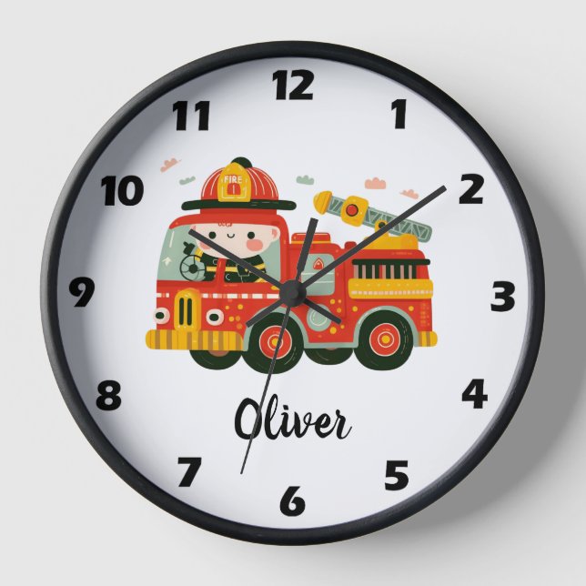 Cute Whimsical Fire Truck and Firefighter Boy Clock (Front)