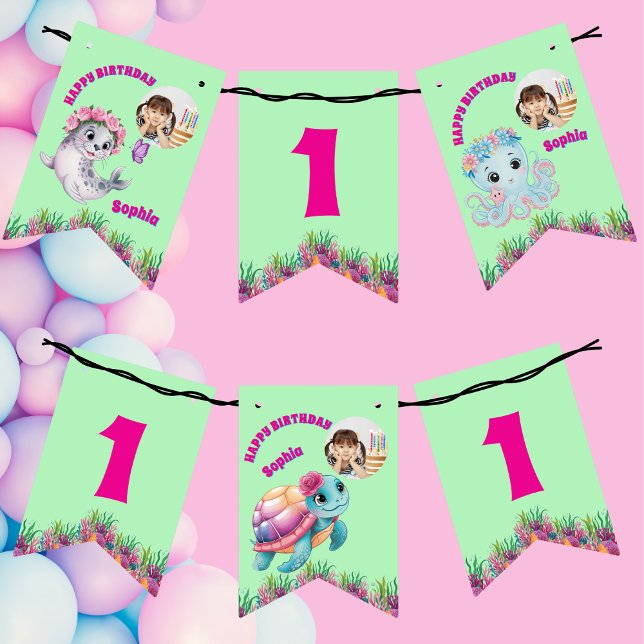 Cute Whimsical Floral Ocean Creatures Girly Photo Bunting (Creator Uploaded)