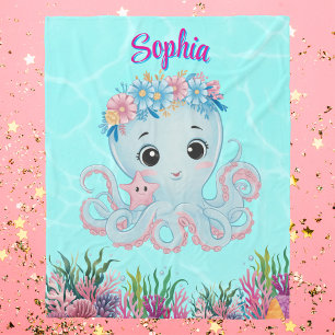 Cute Whimsical Floral Octopus Girly Birthday Gift Fleece Blanket