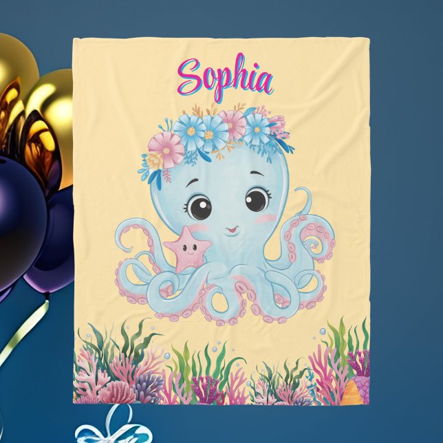 Cute Whimsical Floral Octopus Girly Birthday Gift Fleece Blanket (Creator Uploaded)