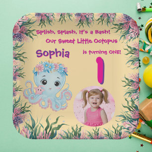 Cute Whimsical Floral Octopus Girly Birthday Paper Plate