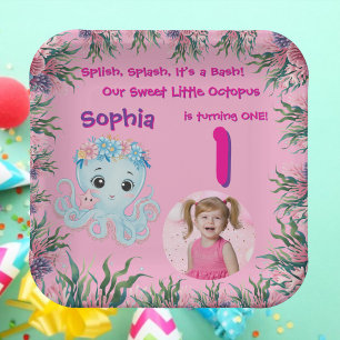 Cute Whimsical Floral Octopus Girly Birthday Paper Plate