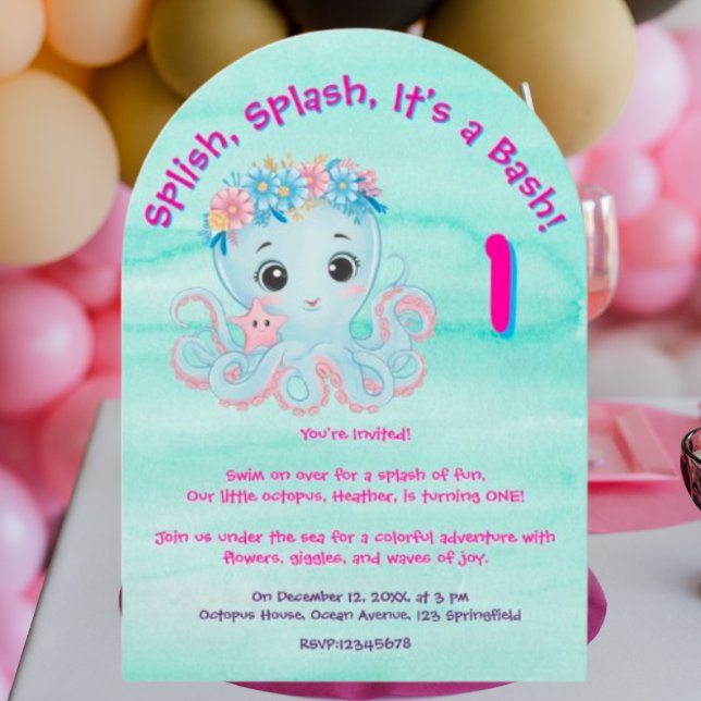 Cute Whimsical Floral Octopus Girly Kids Birthday Invitation (Creator Uploaded)