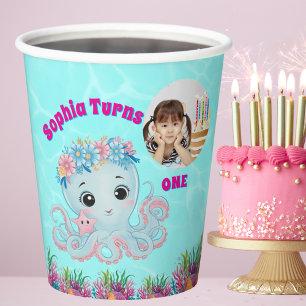 Cute Whimsical Floral Octopus Girly Photo Birthday Paper Cups