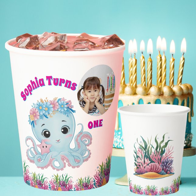 Cute Whimsical Floral Octopus Girly Photo Birthday Paper Cups (Creator Uploaded)