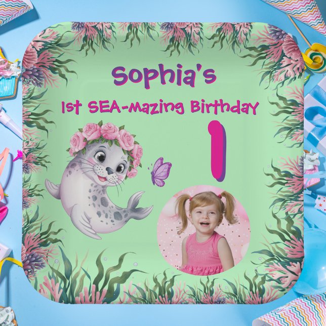 Cute Whimsical Floral Sea Lion Girly Kids Birthday Paper Plate (Creator Uploaded)