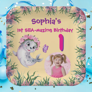 Cute Whimsical Floral Sea Lion Girly Kids Birthday Paper Plate
