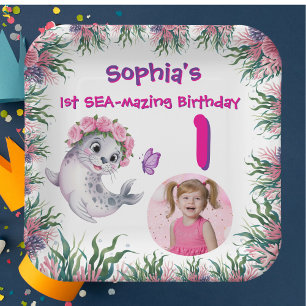 Cute Whimsical Floral Sea Lion Girly Kids Birthday Paper Plate