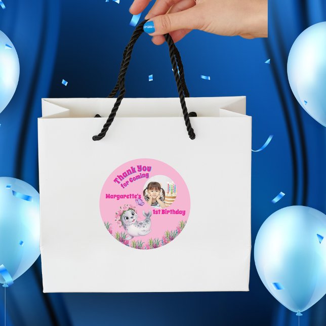 Cute Whimsical Floral Sea Lion Girly Photo  Classic Round Sticker (Creator Uploaded)