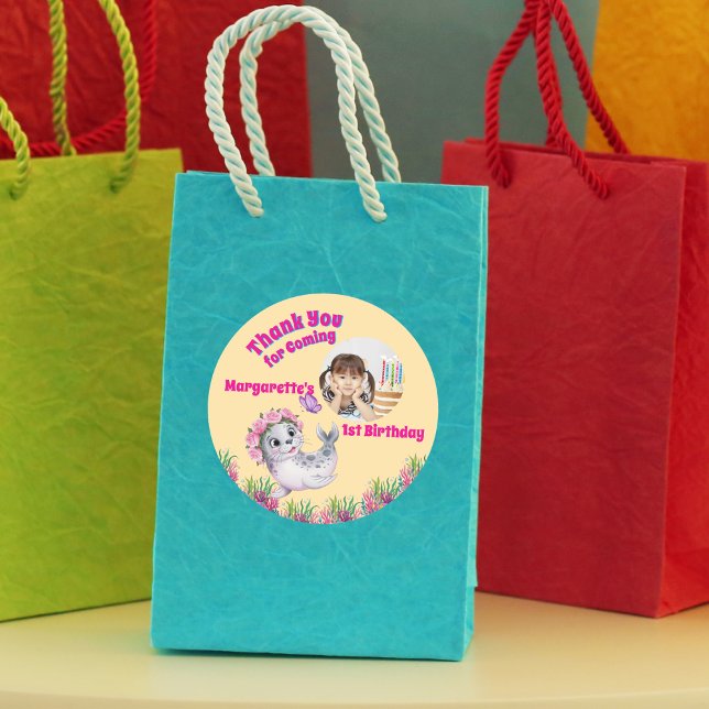 Cute Whimsical Floral Sea Lion Girly Photo  Classic Round Sticker (Creator Uploaded)