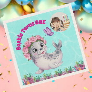 Cute Whimsical Floral Sea Lion Photo Birthday Napkin