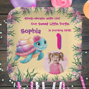 Cute Whimsical Floral Sea Turtle Girly Birthday Paper Plate