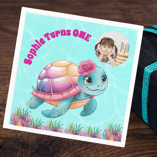 Cute Whimsical Floral Sea Turtle Photo Birthday Napkin (Creator Uploaded)