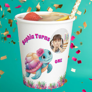 Cute Whimsical Floral Sea Turtle Photo Birthday  Paper Cups