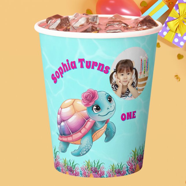Cute Whimsical Floral Sea Turtle Photo Birthday  Paper Cups (Creator Uploaded)