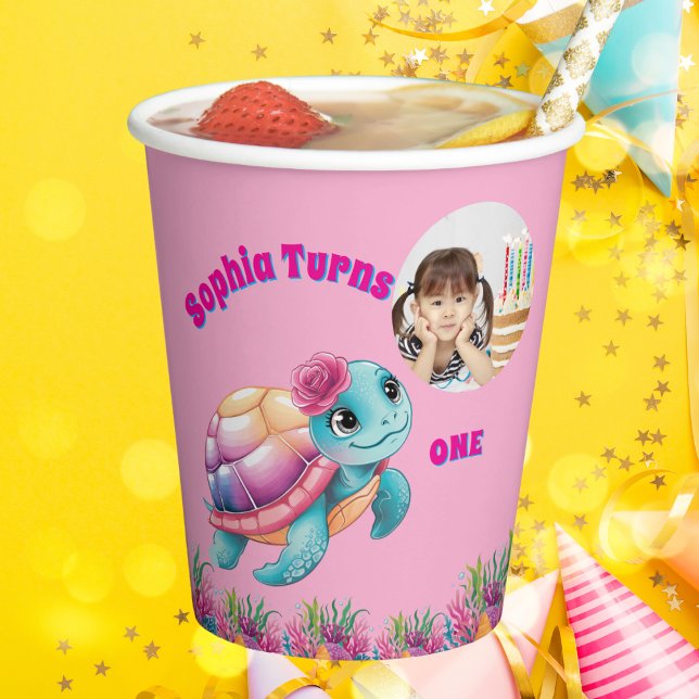 Cute Whimsical Floral Sea Turtle Photo Birthday  Paper Cups (Creator Uploaded)
