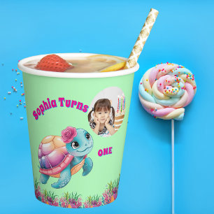 Cute Whimsical Floral Sea Turtle Photo Birthday Paper Cups