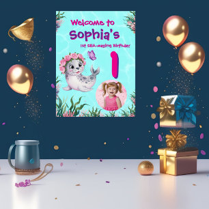 Cute Whimsical Floral Sealion Birthday Welcome Poster