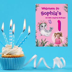 Cute Whimsical Floral Sealion Birthday Welcome Poster