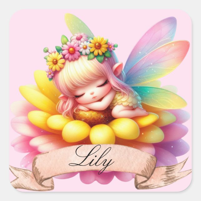 Cute Whimsical Floral Sweet Dreams Sleeping Fairy Square Sticker (Front)