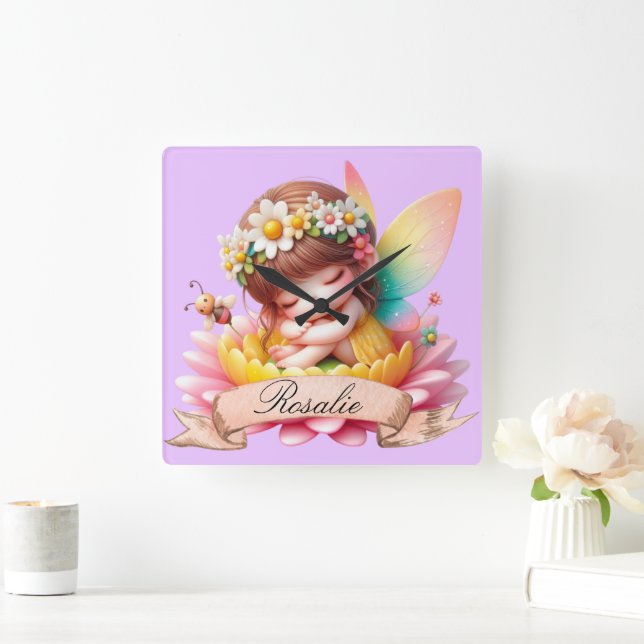 Cute Whimsical Floral Sweet Dreams Sleeping Fairy Square Wall Clock (Home)