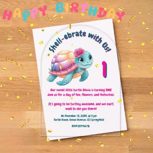 Cute Whimsical Floral Turtle Girly Kids Birthday  Acrylic Invitations