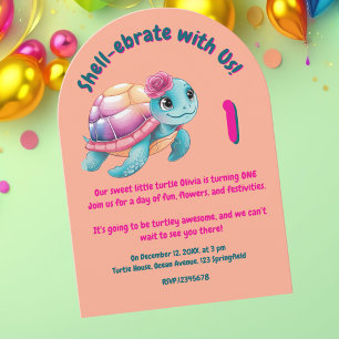 Cute Whimsical Floral Turtle Girly Kids Birthday Invitation
