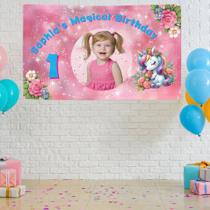 Cute Whimsical Floral Unicorn Girly 1st Birthday Banner
