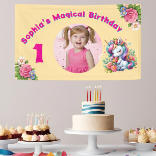 Cute Whimsical Floral Unicorn Girly 1st Birthday Banner