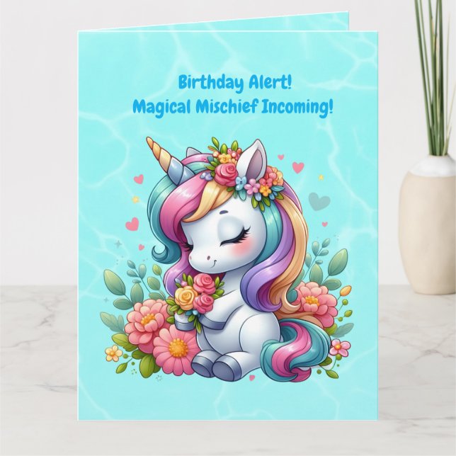 Cute Whimsical Floral Unicorn Girly Kids Birthday  Card (Front)