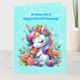 Cute Whimsical Floral Unicorn Girly Kids Birthday  Card