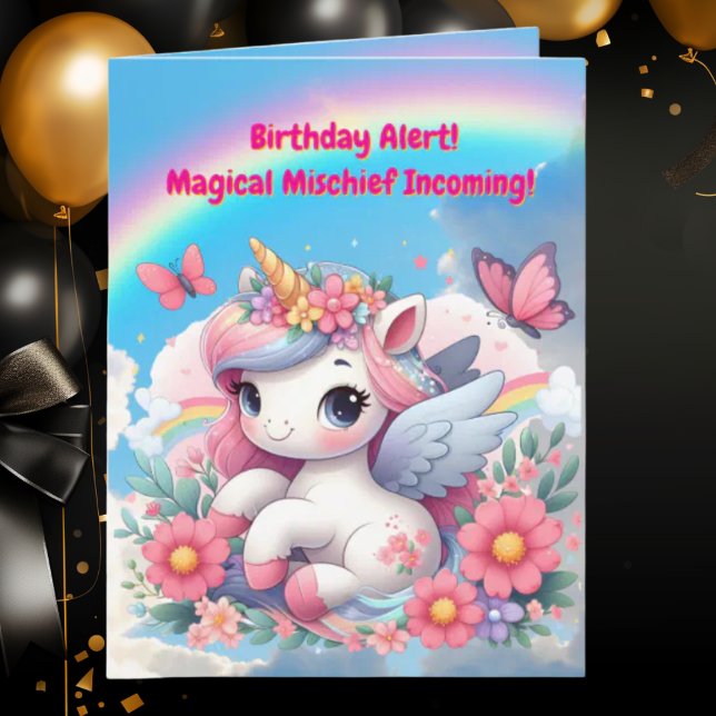 Cute Whimsical Floral Unicorn Girly Kids Birthday  Card (Creator Uploaded)