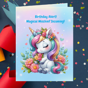 Cute Whimsical Floral Unicorn Girly Kids Birthday  Card