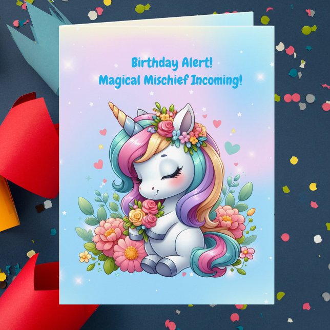 Cute Whimsical Floral Unicorn Girly Kids Birthday  Card (Creator Uploaded)