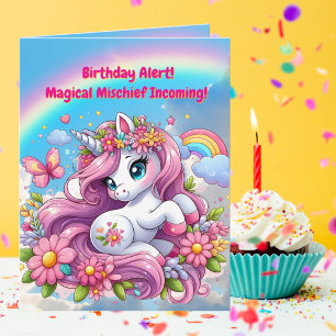 Cute Whimsical Floral Unicorn Girly Kids Birthday  Card
