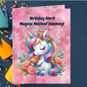 Cute Whimsical Floral Unicorn Girly Kids Birthday  Card