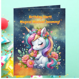 Cute Whimsical Floral Unicorn Girly Kids Birthday  Card