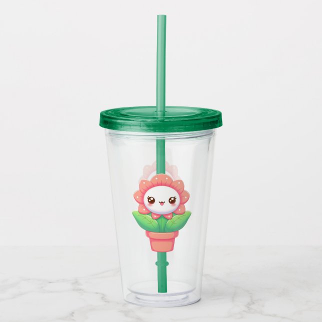 Cute, whimsical flower in pot acrylic tumbler (Front)