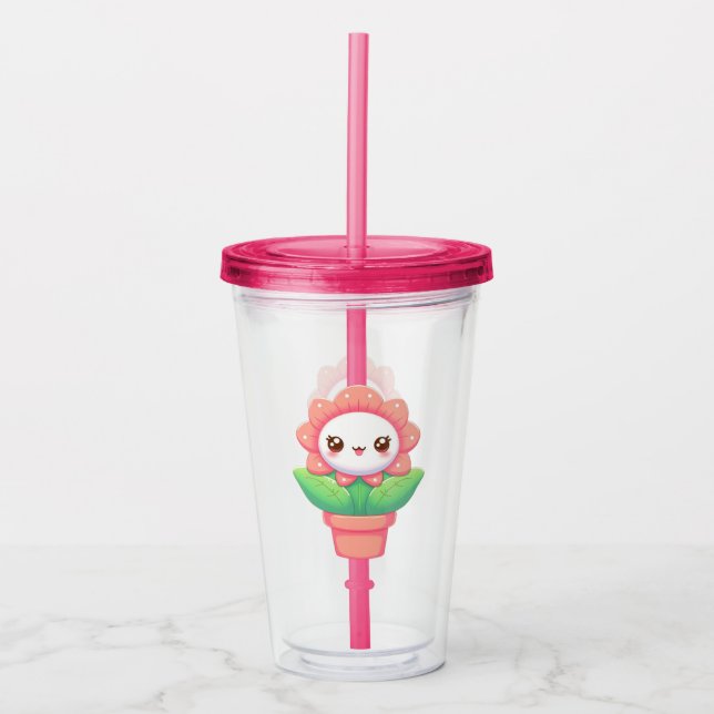 Cute, whimsical flower in pot acrylic tumbler (Front)