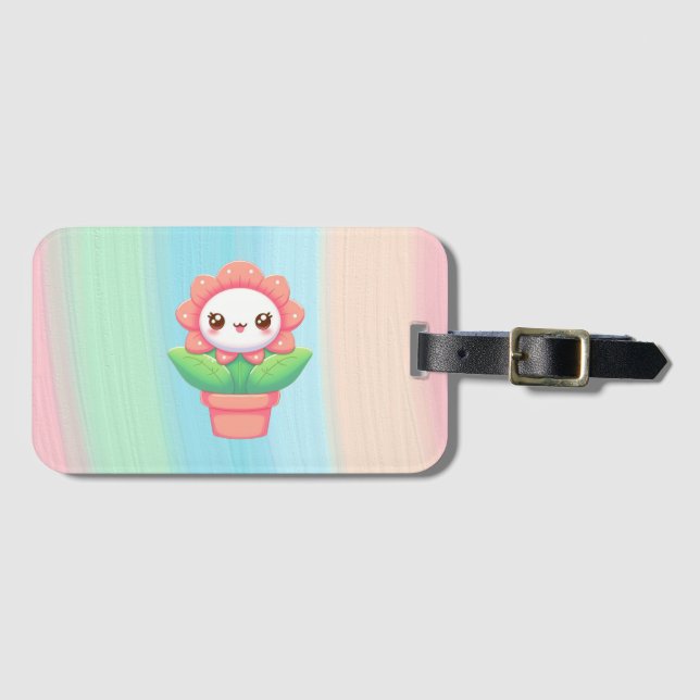 Cute, whimsical flower in pot luggage tag (Front Horizontal)